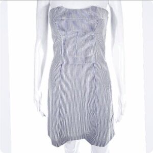 Josephine Strapless Seersucker sundress fitted Blue White stripe, lined, zip SzL